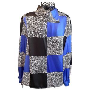 Vintage Lloyd Williams Blk/Blue Geometric Blouse High Collar Sz M Long Sleeve